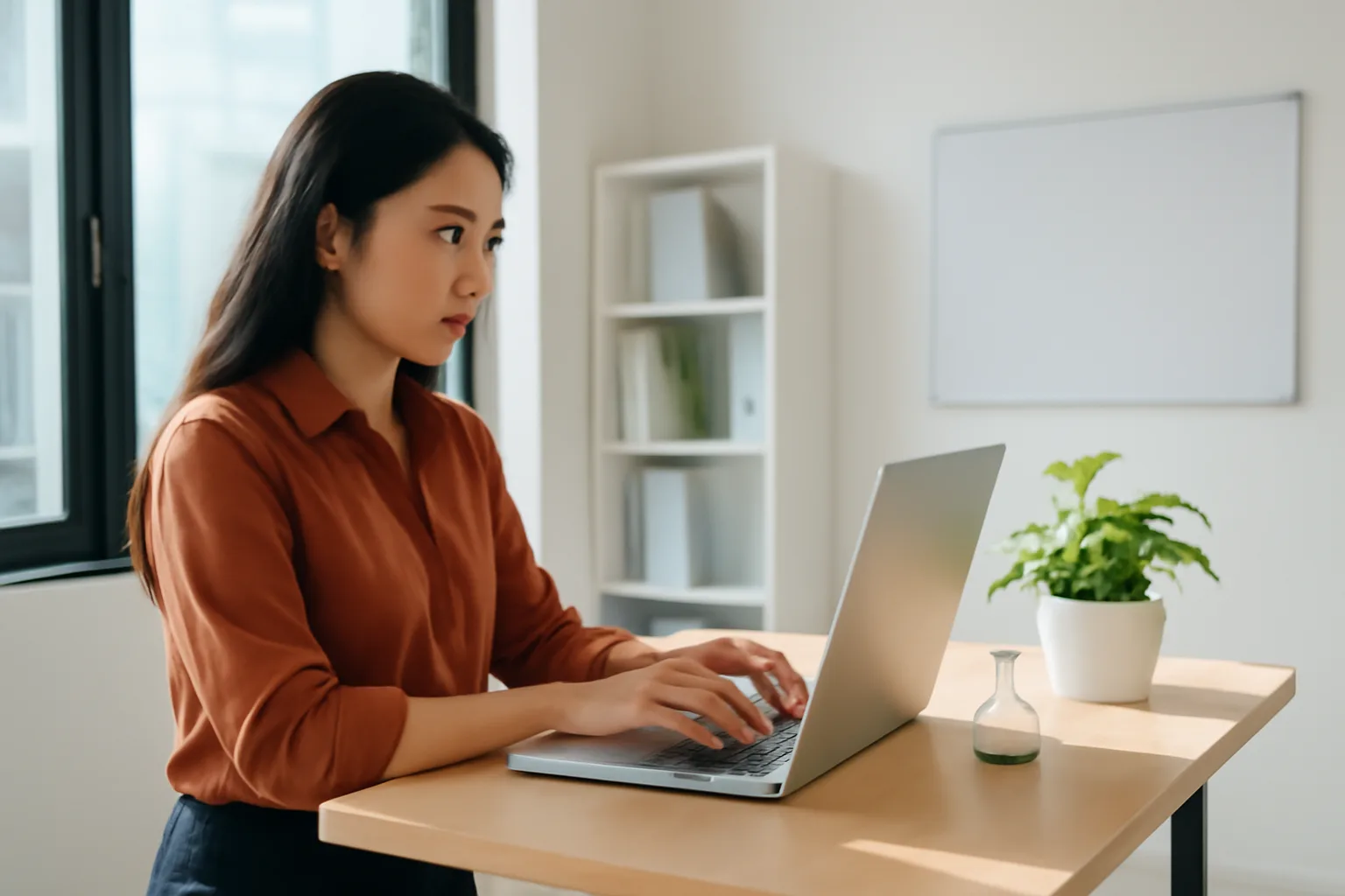 Nhân viên kế toán làm việc bên bàn đứng với máy tính xách tay và đồng hồ cát
