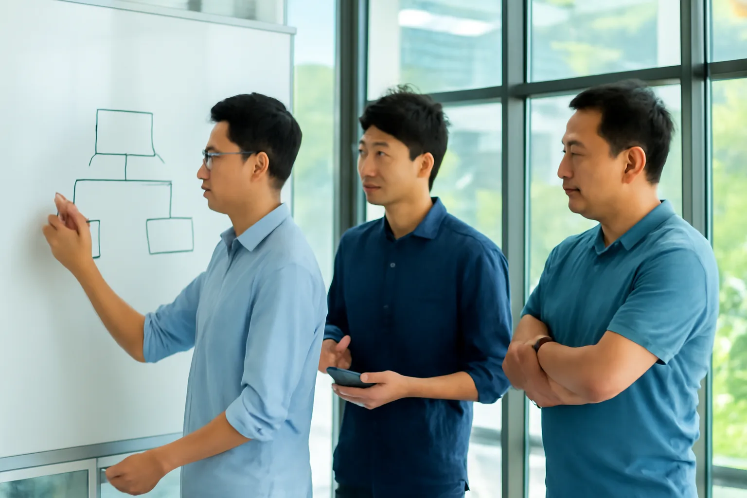 Nhóm kỹ sư phần mềm trình bày bản phác giao diện trên bảng trắng trống cho đại diện doanh nghiệp đặt hàng