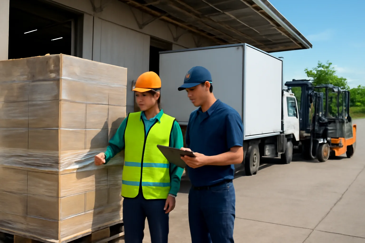 Thủ kho và tài xế xe tải cùng kiểm hàng trước khi bốc lên xe tại bến bốc xếp