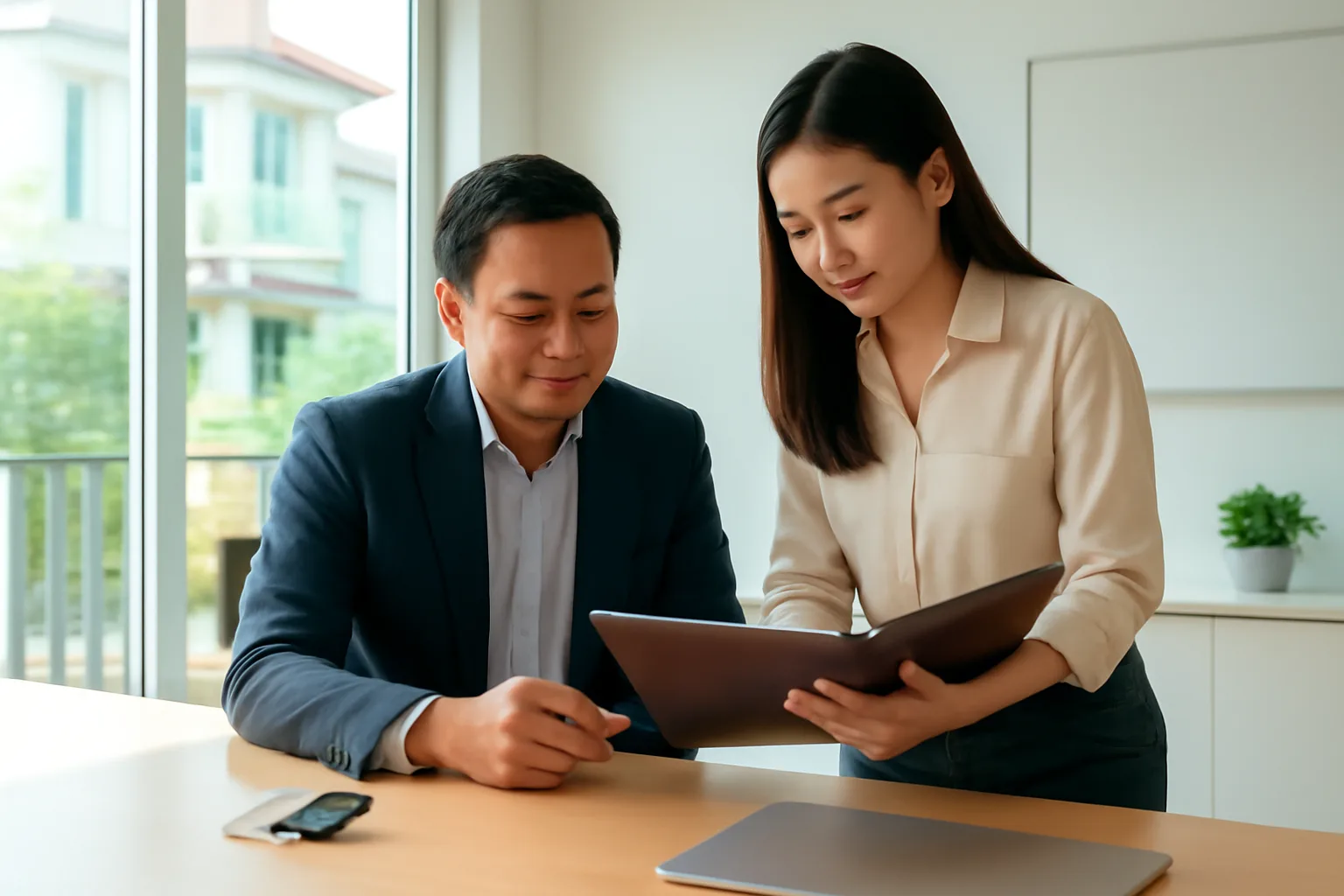 Giám đốc và kế toán trưởng trao đổi hợp đồng thuê nhà trong văn phòng tại tầng trệt nhà phố