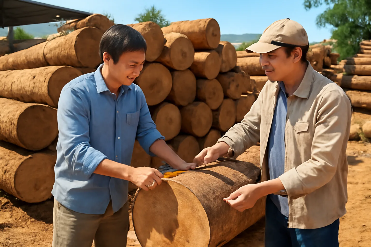 Chủ xưởng nội thất và người bán gỗ cùng đo đường kính khúc gỗ tròn tại bãi gỗ